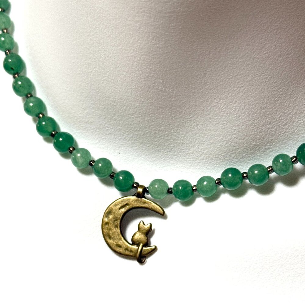 Genuine Gemstone Green Chalcedony Bronze Cat on the Moon Beaded Short Necklace